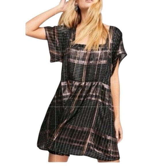 Free People Barcelona Plaid Mini Dress Black Copper Shimmer Size Small - Picture 2 of 9